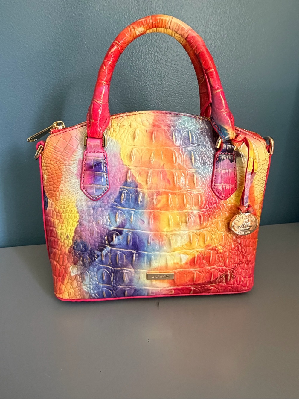Brahmin Multicolor Croc-Embossed Satchel - Pink, Yellow & Blue - Picture 2 of 5